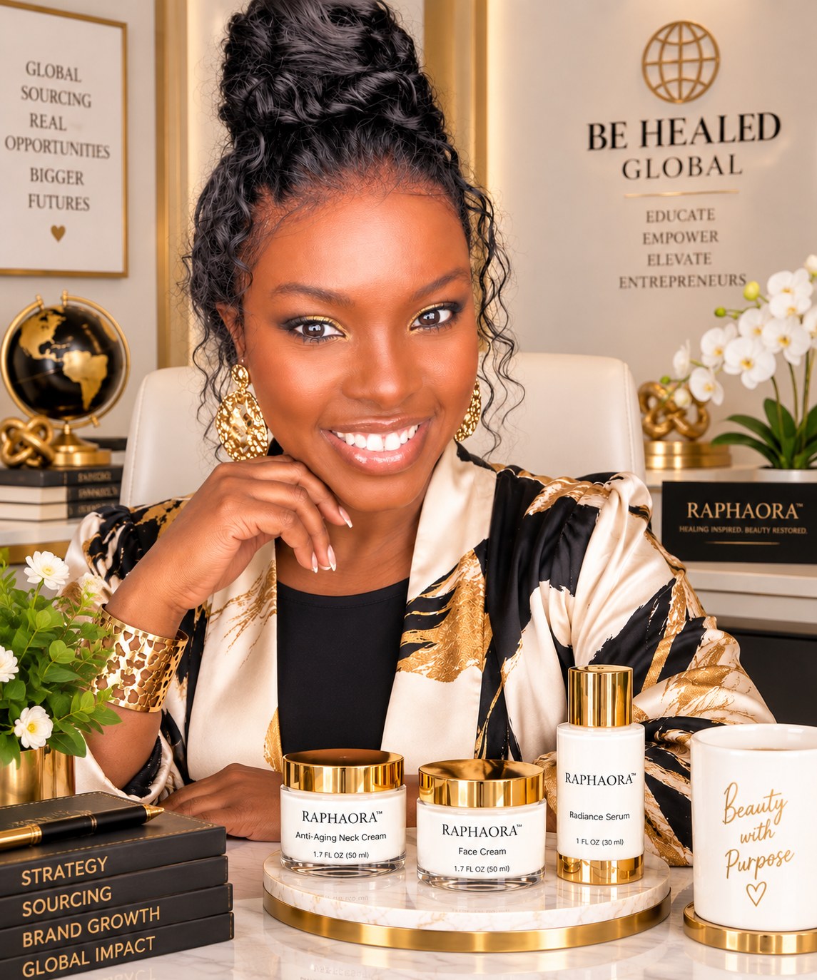 Kettly Saint Fleur, Founder of BE HEALED GLOBAL, with RAPHAORA products